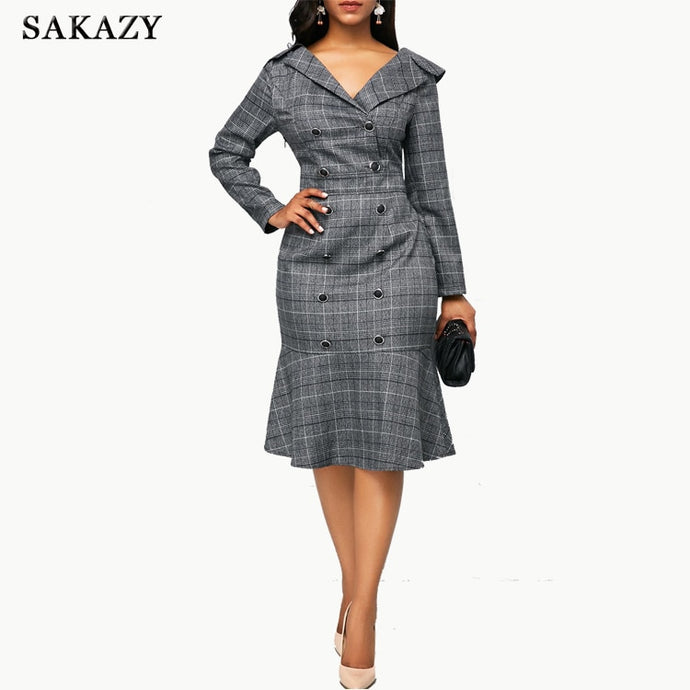 2021 Spring And Autumn V-neck Long-sleeved Plaid Print Dress Party Leisure Office Long Paragraph Vestido Dress