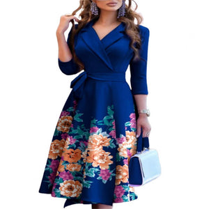 Elegant Lady Dress Set Solid Color Turn-down Collar Three Quarter Sleeve Floral Print Spring Autumn Dresses for Women Party