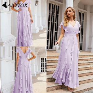 AIOVOX Elegant V-Neck Chiffon Bridesmaid Dress Vestidos De Gala Simple A-Line Ruffles Ankle Length Formal Prom Dress Custom Made