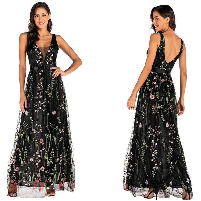 2022 Sexy Deep-V Sleeveless Embroidered Flower Backless Party Dresses Long Length Maxi Dress Mujer Vestido