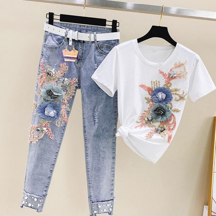 Beading Women Sets Heavy Work Embroidery Short Sleeve T Shirt And Jeans 2pcs
