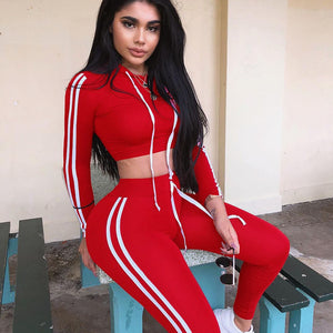 2 Piece Set Tracksuit Women Side Striped Hoodies Cropped Tops