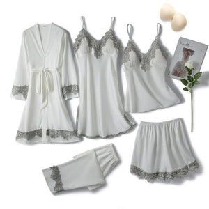 5PCS Bride Lace Pijamas Sleep Suit White Womens Silky Satin Pajamas Sets Spring Sexy Top&Pants Sleepwear Home Nighty Nightgown